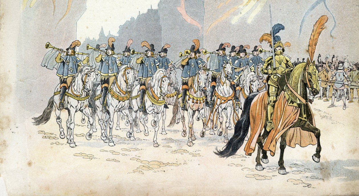 Intocht van koning Karel VI (1368-1422) in Parijs begeleid door dertig trompetten. in 