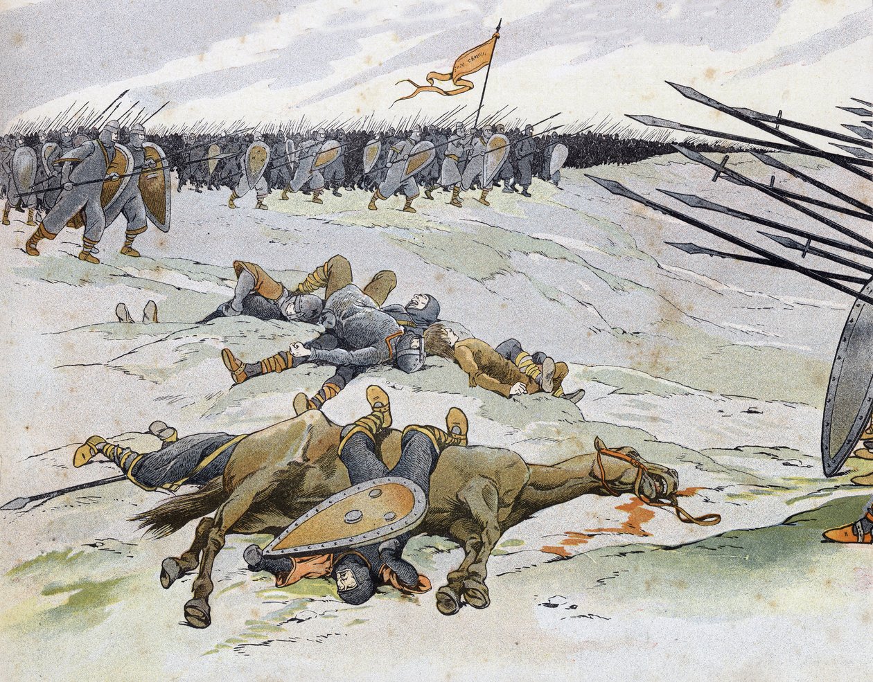 Frans-Engelse Oorlog (1202-1214): soldaten die stierven in de Slag bij Bouvines op 27/07/1214 die het Franse leger van Philippe Auguste tegenover de Vlaamse en Welfen van Othon IV stelde. in "Frankrijk, zijn verhaal verteld door G. Montorgueil, geïllustree door pseudonym for Onfray de Breville Jacques Job