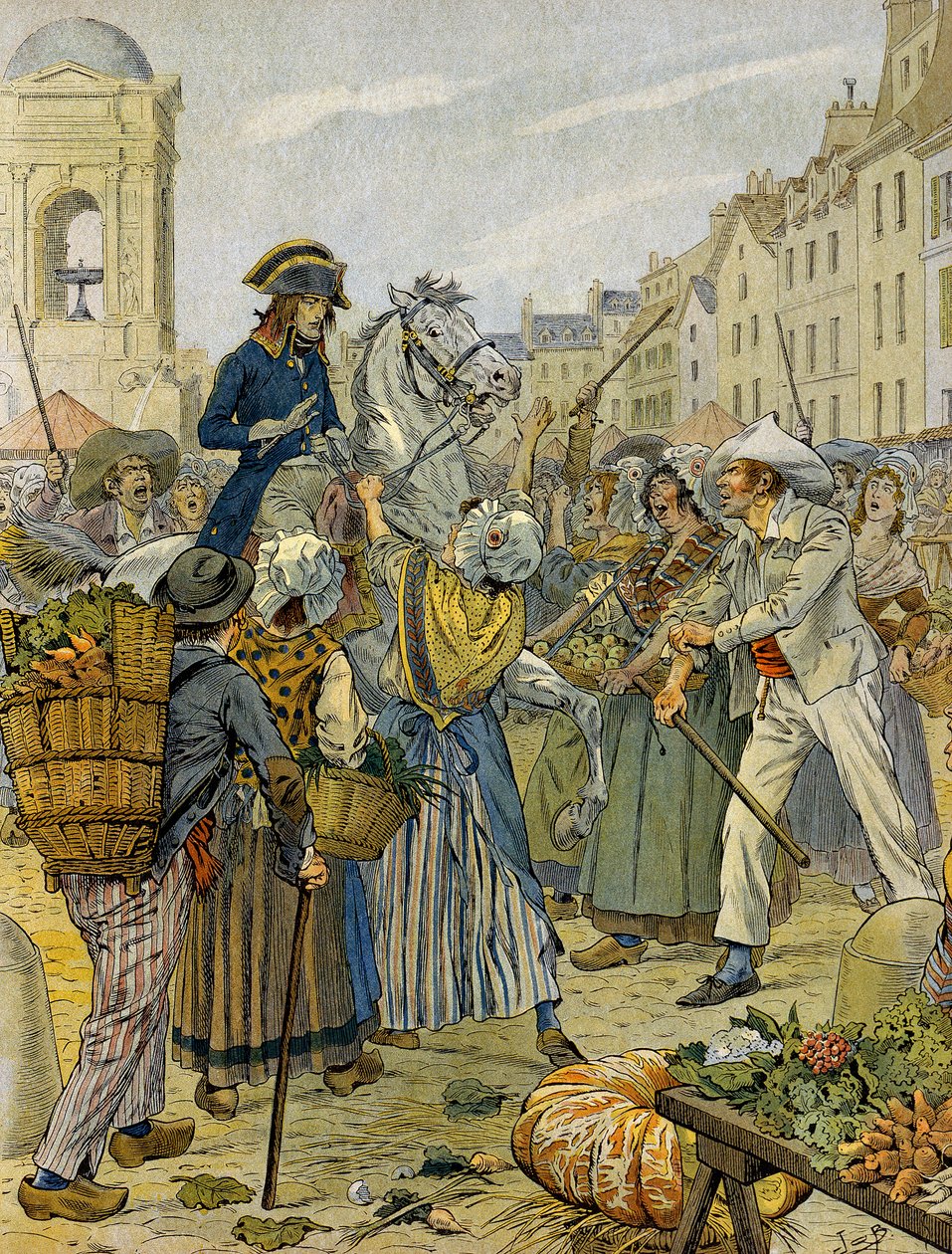Franse Revolutie 1789: Napoleon I Bonaparte (1769-1821) gekozen door de revolutionaire bevolking en sans-culottes in Les Halles. Illustratie door Jacques Marie Gaston Onfray de Breville, bekend als JOB (1858-1931). Privécollectie door pseudonym for Onfray de Breville Jacques Job