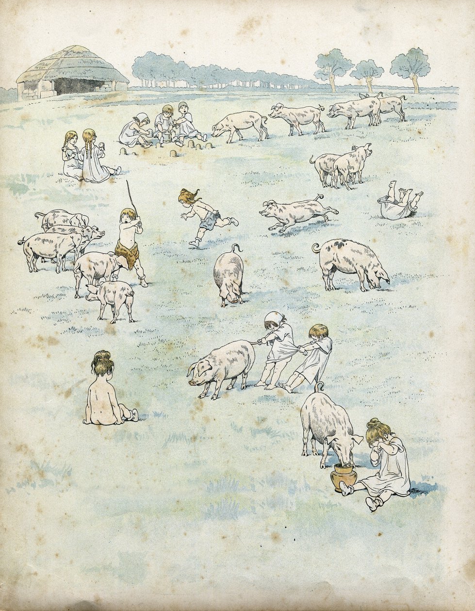 Gallische kinderen spelen met varkens in een veld. in "Frankrijk, zijn verhaal verteld door G. Montorgueil, geïllustreerd door Job" 1896. Privécollectie. door pseudonym for Onfray de Breville Jacques Job