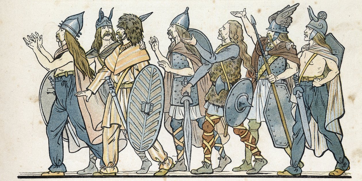 Gallische krijgers met hun helmen, zwaarden en schilden. in 