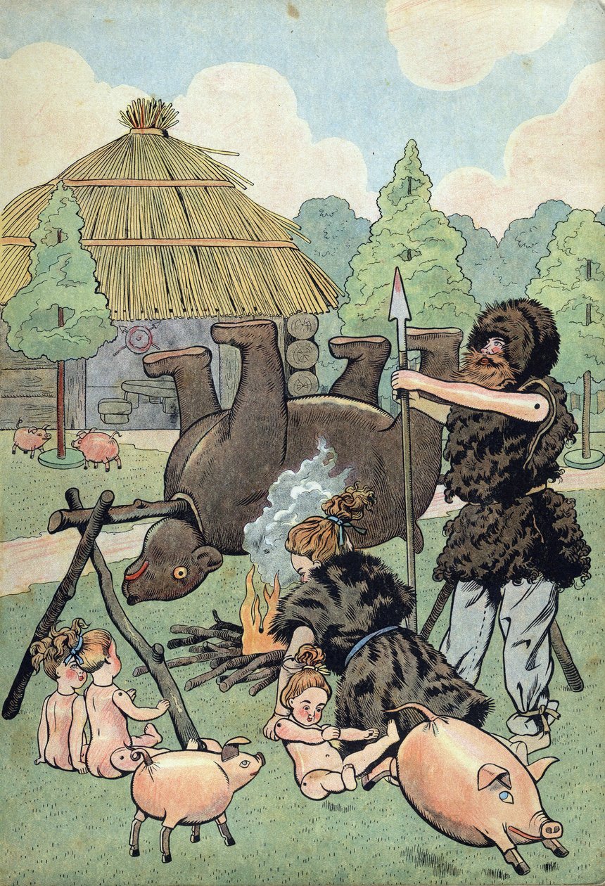 Geschiedenis van Frankrijk. Scène van barbaarse Gallië met speelgoed: een Galliër en een Galliër gekleed in beestenvacht koken een beer om hun familie te voeden. in 