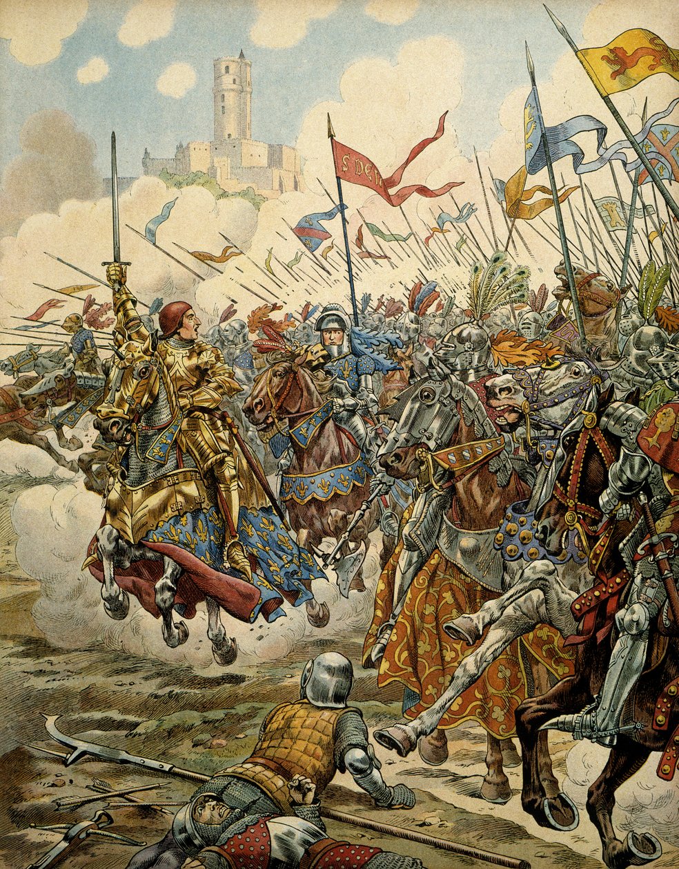 Geschiedenis van Frankrijk in de Middeleeuwen: Koning Lodewijk XI genaamd de Voorzichtige (1423-1483) aan het hoofd van zijn leger tijdens de Slag bij Montlhéry tegen de Ligue du Bien Public, 16 juli door pseudonym for Onfray de Breville Jacques Job