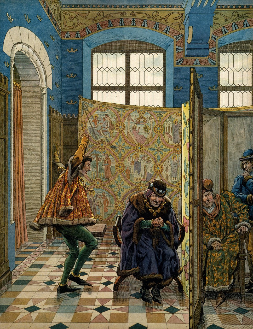 Geschiedenis van Frankrijk in de Middeleeuwen: Een van de heren van de Connetable van Saint Pol bespot de koning van Engeland (zijn bondgenoot) voor koning Lodewijk XI de Voorzichtige (1423-1483) wanneer een gezant van Edward IV Lodewijk ontmoet door pseudonym for Onfray de Breville Jacques Job