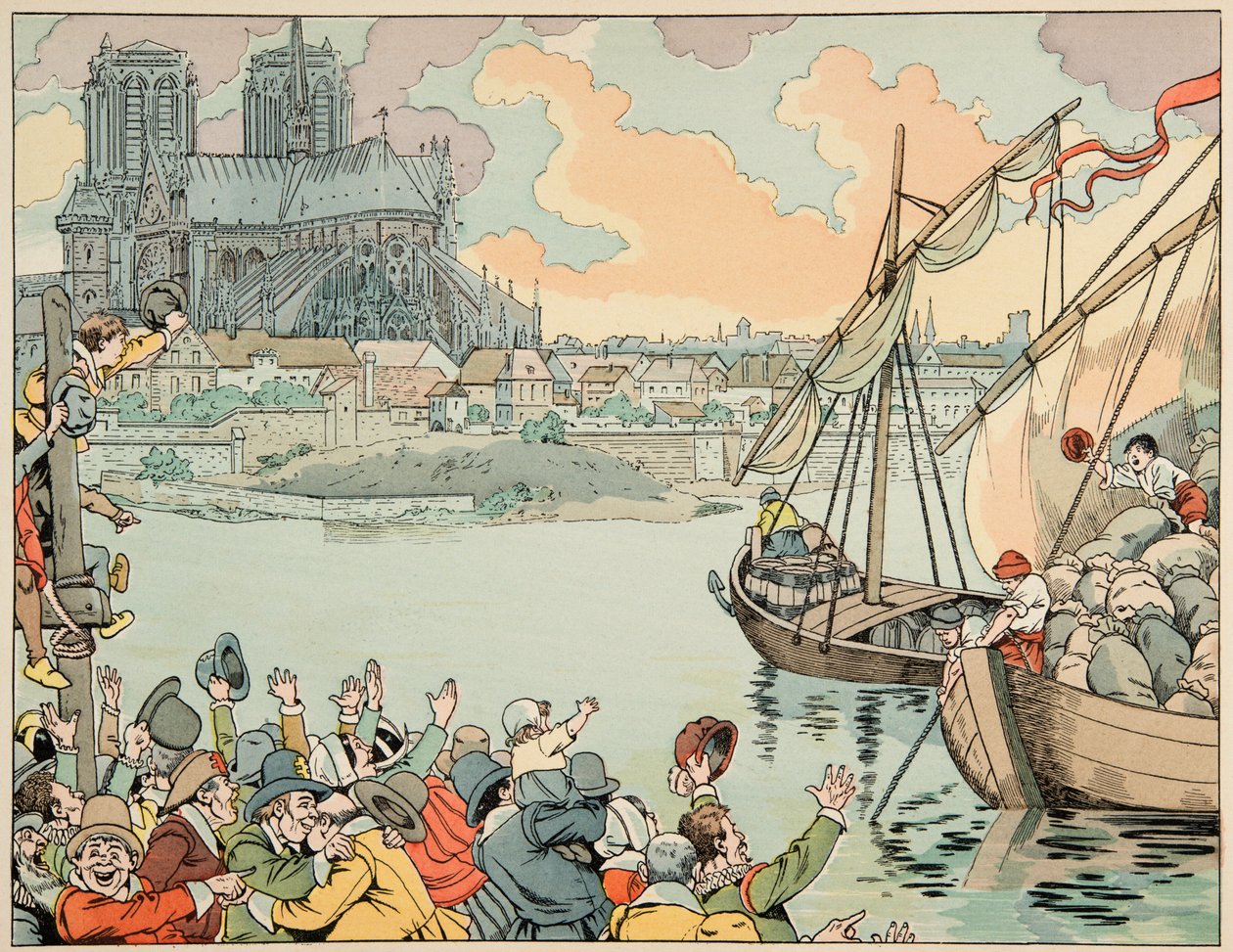 Illustratie uit het boek Le bon roy Henri, geïllustreerd door Jacques Marie Gaston Onfray de Breville, genaamd JOB (1858-1931): Parijs herbevoorraad - Privécollectie door pseudonym for Onfray de Breville Jacques Job