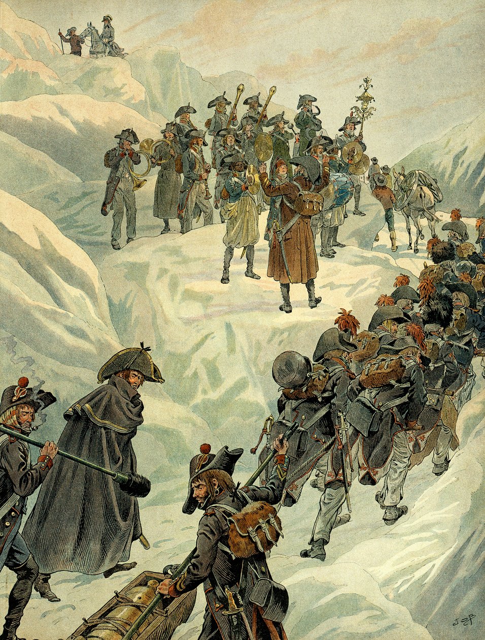 Italiaanse veldtocht (1799-1800): passage van de Sint-Bernardpas in de Alpen door het leger van Napoleon I Bonaparte (1769-1821) op 20 mei 1800. Illustratie door Jacques Marie Gaston Onfray de Breville, bekend als JOB (1858-1931). Privécollectie door pseudonym for Onfray de Breville Jacques Job