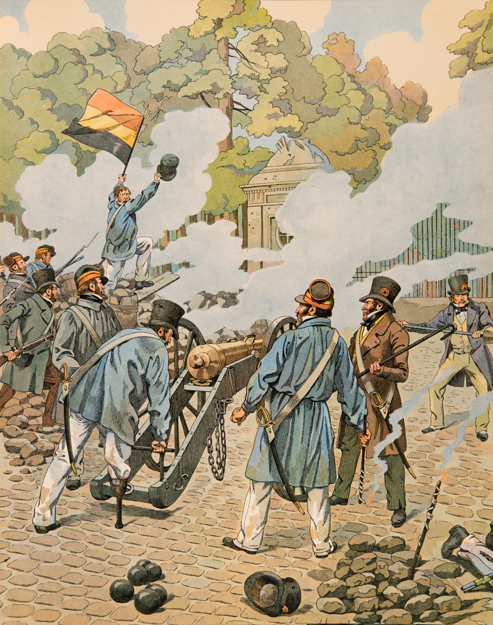 Geschiedenis van België: Jean Joseph Charlier (1794 - 1866) genaamd de houten poot richt zijn stuk artillerie tegen de Nederlandse troepen in het park van Brussel in september 1830, Privécollectie door pseudonym for Onfray de Breville Jacques Job