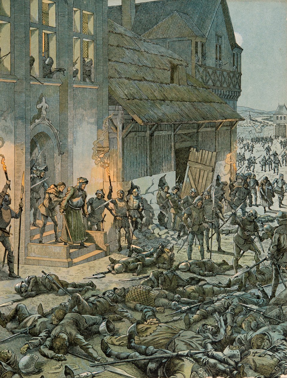 Geschiedenis van België: In de nacht van 27 op 28 oktober 1468 verrassen zeshonderd Franchimontonis de Franse soldaten van Karel de Stoute (1433-1477) en Lodewijk XI (1423-1483) in hun kamp door pseudonym for Onfray de Breville Jacques Job