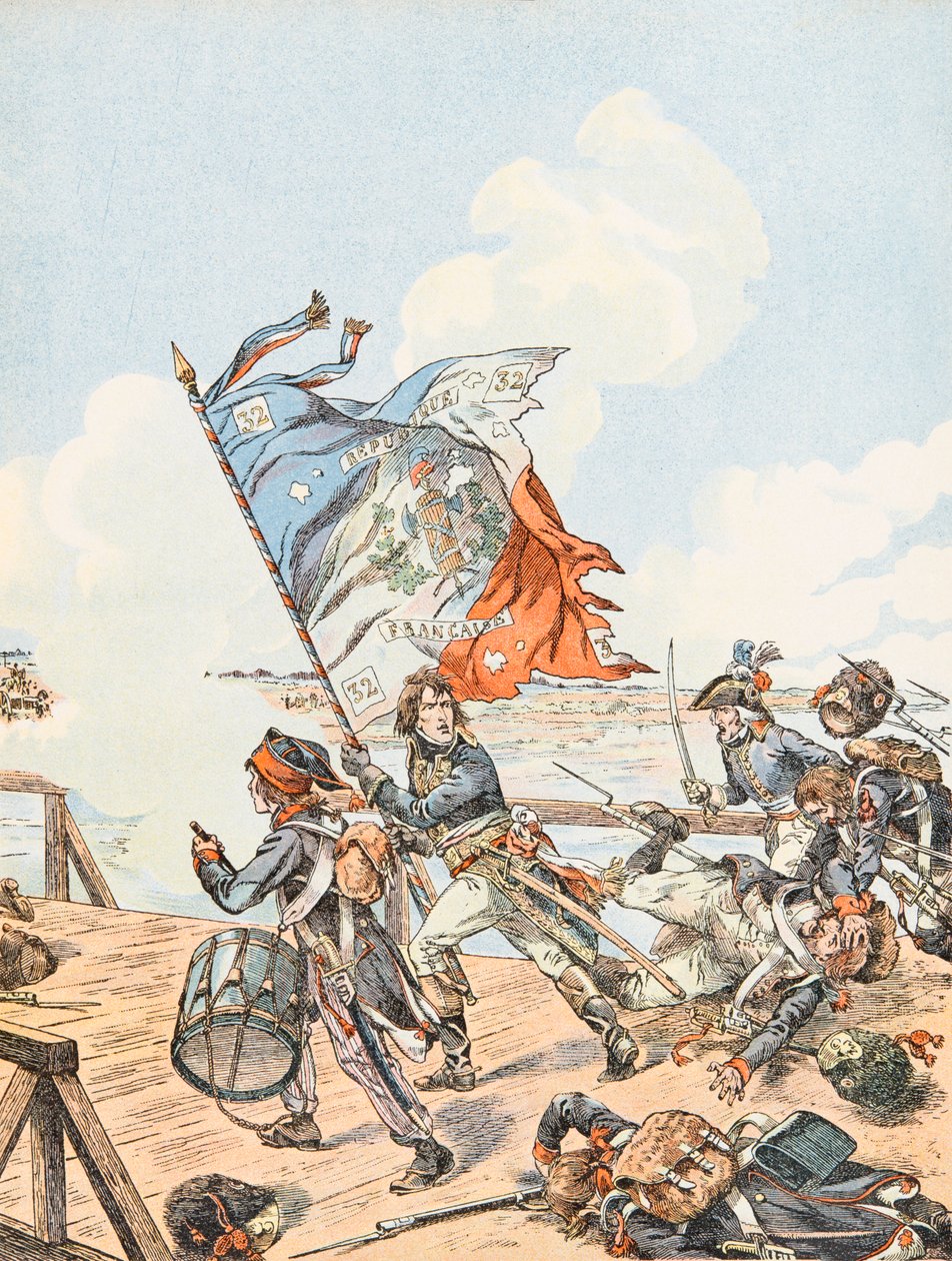 Napoleon Bonaparte bij de brug van Arcole in 1796 door pseudonym for Onfray de Breville Jacques Job