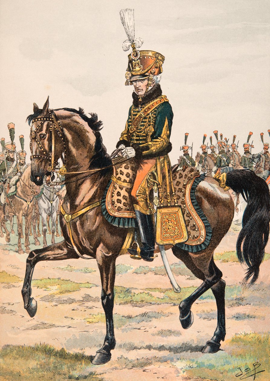 Outfit van Franse troepen in alle tijden: Generaal die een van de regimenten van de Ere Garde aanvoert in 1813, Privécollectie door pseudonym for Onfray de Breville Jacques Job