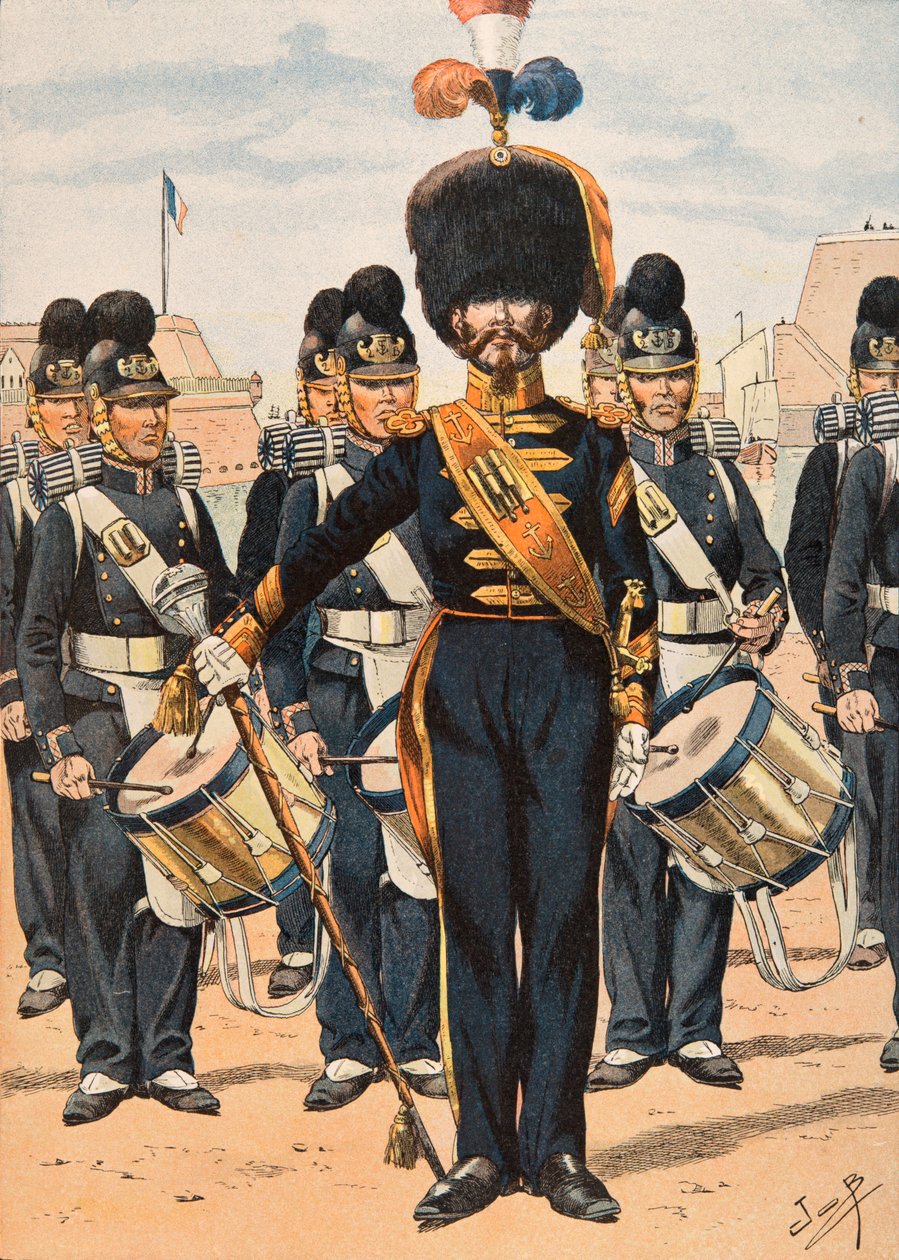 Outfit van Franse troepen te allen tijde: Tambour-majoor van de Vlootbemanningen (1837) door pseudonym for Onfray de Breville Jacques Job