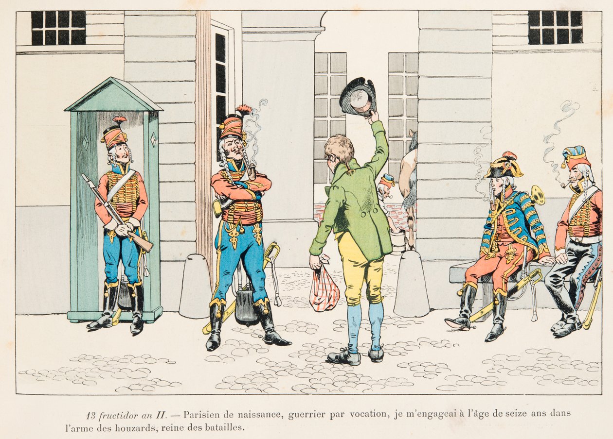 Outfit van Franse troepen door de tijden heen: jonge man betrokken bij de Huzaren tijdens de Franse Revolutie, Privécollectie door pseudonym for Onfray de Breville Jacques Job