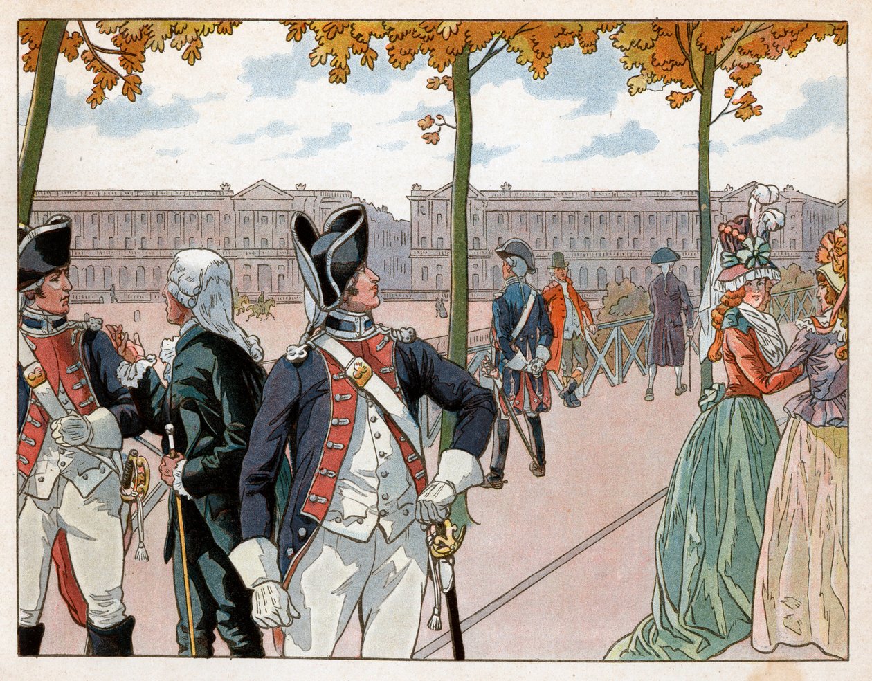 Joachim Murat en Bessieres in Parijs in 1791 in het kostuum van de constitutionele garde van de koning. Gravure door Jacques Marie Gaston Onfray de Breville, genaamd Job door pseudonym for Onfray de Breville Jacques Job