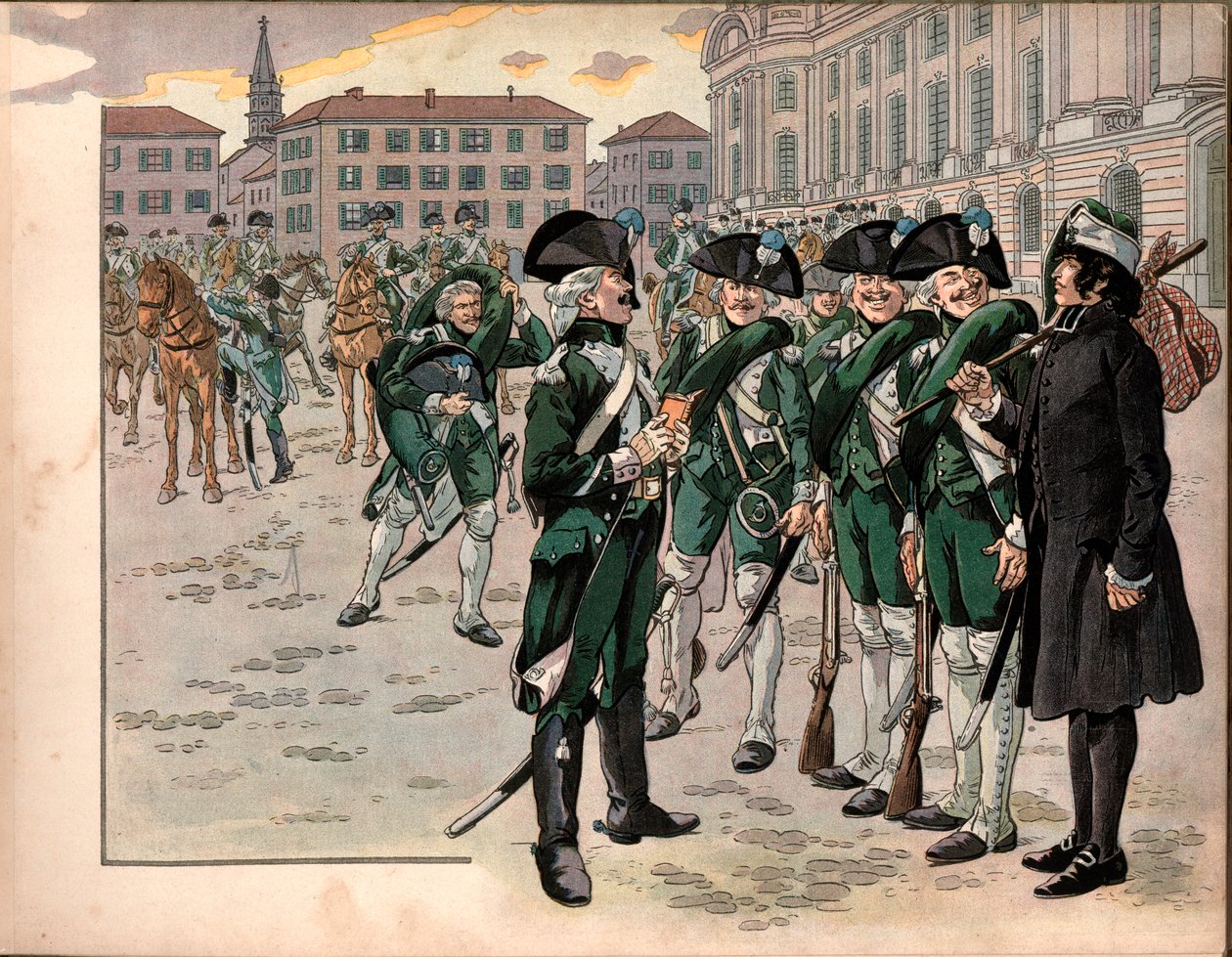 Joachim Murat (1767-1815) trad toe tot het Regiment van Jagers van de Ardennen in 1787. Gravure door Jacques Marie Gaston Onfray de Breville, genaamd Job door pseudonym for Onfray de Breville Jacques Job