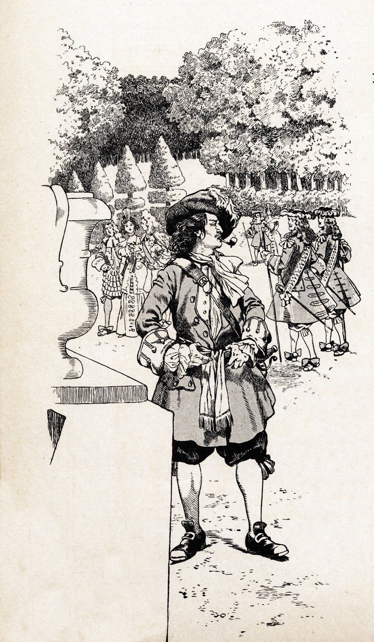 Koning Lodewijk XIV van Frankrijk genaamd Zonnekoning (1638-1715) met zijn hovelingen in de tuinen van Versailles. Illustratie van Job (Jacques Marie Gaston Onfray en Breville) (Jacques-Marie) (1858-1931) voor het boek 