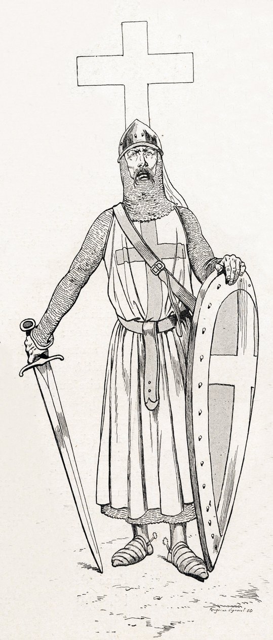 Ridder van Lodewijk IX bekend als Sint Louis (1214-1270) in kruisvaarderskostuum. Illustratie van Job (Jacques Marie Gaston Onfray en Breville) (Jacques-Marie) (1858-1931) voor het boek 