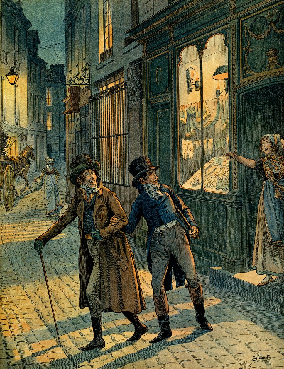 Louis Antoine Fauvelet de Bourrienne en Napoleon I Bonaparte incognito in de straten van Parijs. Illustratie door Jacques Marie Gaston Onfray de Breville, bekend als JOB. Privécollectie door pseudonym for Onfray de Breville Jacques Job
