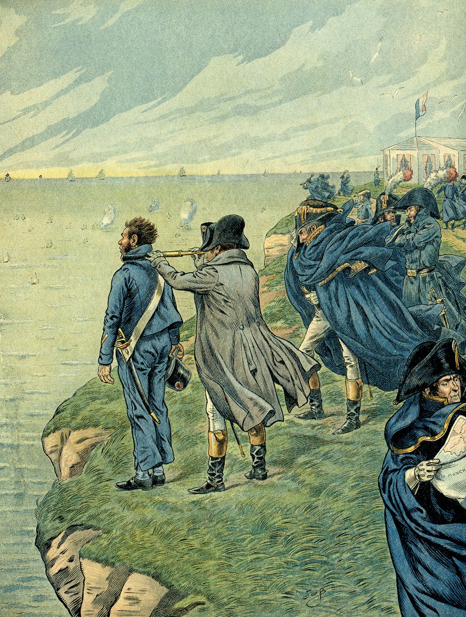 Napoleon I Bonaparte bezocht het arsenaal van het kamp van Boulogne in juli 1804. Illustratie door Jacques Marie Gaston Onfray de Breville door pseudonym for Onfray de Breville Jacques Job