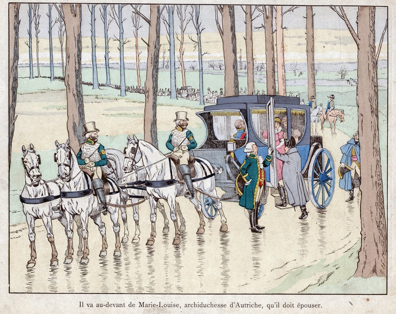 Napoleon ontmoet aartshertogin Marie-Louise van Oostenrijk - 1810 - lithografie door Job (Jacques Onfroy de Bréville) uit Le Grand Napoléon des Petites Enfants 1893 door pseudonym for Onfray de Breville Jacques Job