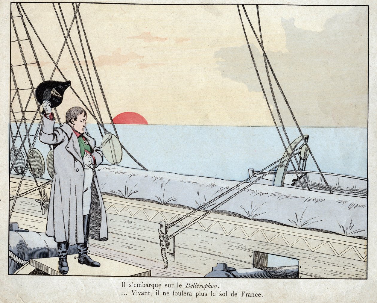 Napoleon aan boord van HMS Bellerophon 1815 - lithografie door Job (Jacques Onfroy de Bréville) uit Le Grand Napoléon des Petites Enfants 1893 door pseudonym for Onfray de Breville Jacques Job