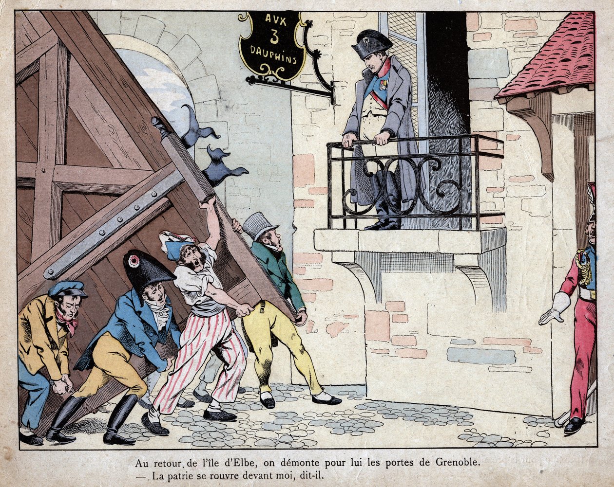 Napoleon verzamelt zijn soldaten in Grenoble bij zijn terugkeer van het eiland Elba - De stad Grenoble opent haar poorten voor Napoleon bij zijn terugkeer uit ballingschap op Elba, 7 maart 1815 - lithografie door Job (Jacques Onfroy de Bréville) uit Le Gra door pseudonym for Onfray de Breville Jacques Job