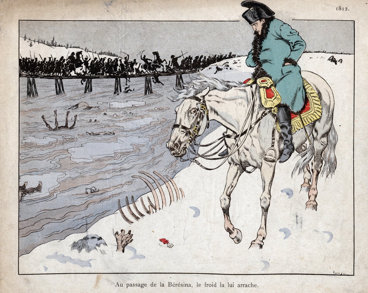 Napoleon kijkt naar de overblijfselen van zijn Grote Leger dat de rivier de Berezina oversteekt tijdens de terugtocht uit Moskou door pseudonym for Onfray de Breville Jacques Job