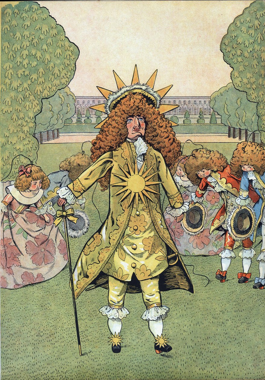 Scène uit de geschiedenis van Frankrijk in speelgoed: Portret van de koning van Frankrijk Lodewijk XIV (1638-1715) genaamd de Zonnekoning in de tuinen van Versailles met zijn hofhouding die eerbied betuigt. In 