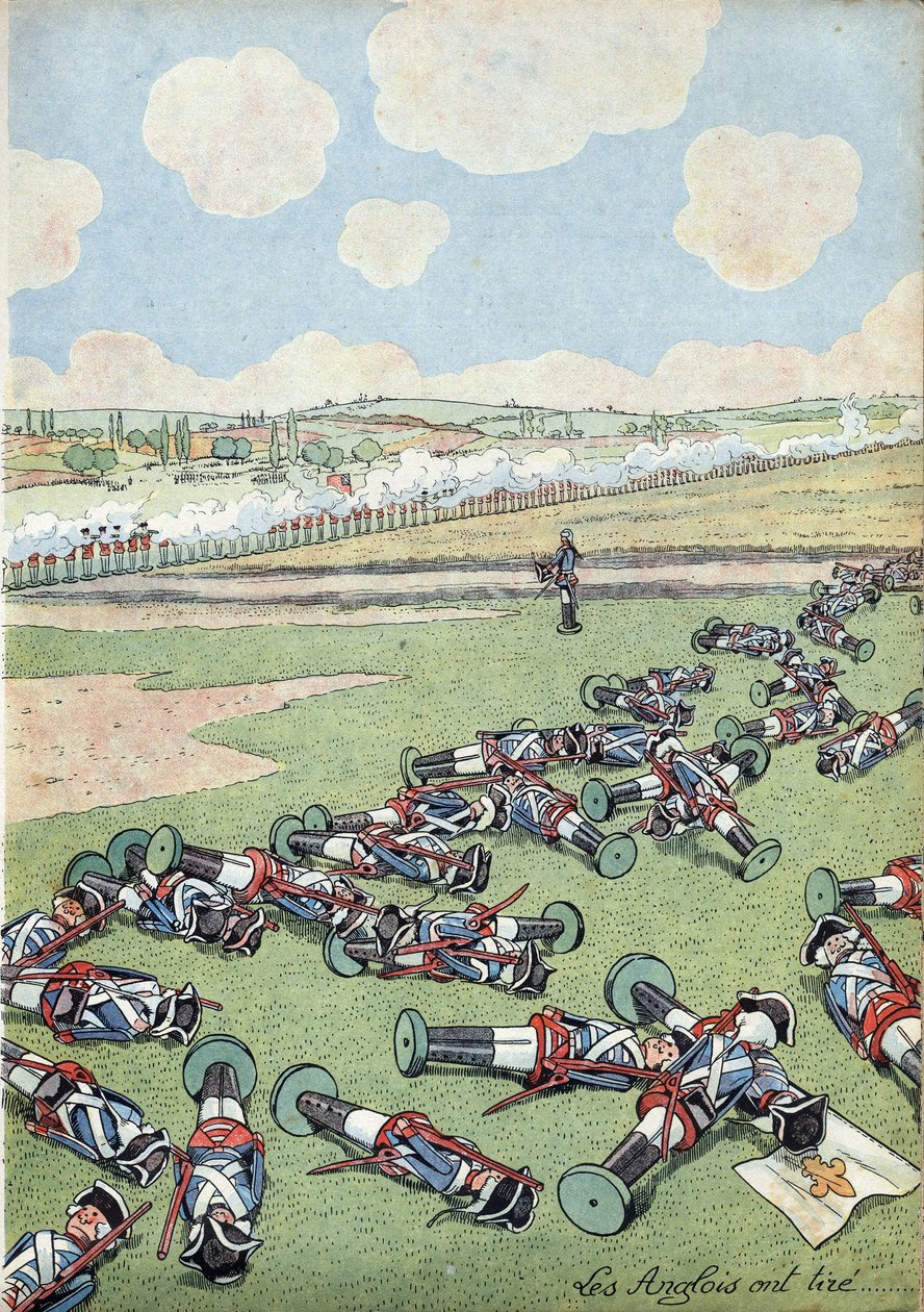 Scène uit de geschiedenis van Frankrijk in speelgoed: Oorlog van de Oostenrijkse Successie (1740-1748). Troep infanteristen van het Franse leger gedood door de Engelsen in de slag bij Fontenoy op 11 mei 1745. In 