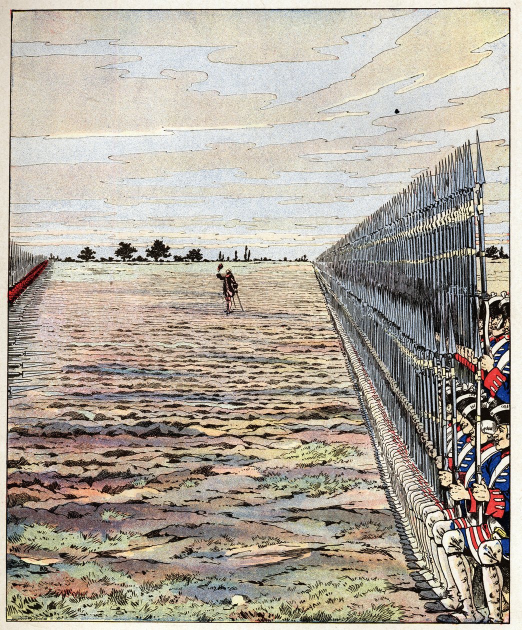 Schiet de eerste, heren Engelse woorden van de graaf van Auteroche uitgesproken tijdens de Slag bij Fontenoy op 11/05/1745 tijdens de Oostenrijkse Successieoorlog. Illustratie van Job (Jacques Marie Gaston Onfray en Breville) door pseudonym for Onfray de Breville Jacques Job