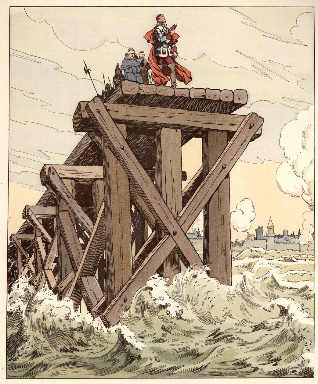 De mist is zeer groot over Frankrijk maar de zon zal ze verdrijven, woorden van Armand Jean du Plessis, kardinaal van Richelieu (1585-1642) met in de hand een Quinte-Curce op de dam gebouwd voor het beleg van La Rochelle in 1628. Illustratie van Job (Jacqu door pseudonym for Onfray de Breville Jacques Job
