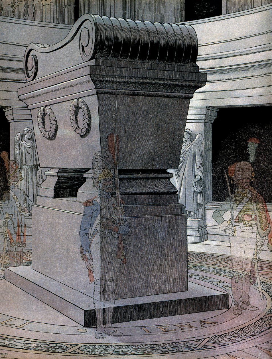 Het graf van keizer Napoleon I Bonaparte (1769-1821) bij de Invalides met spookwachten. In 