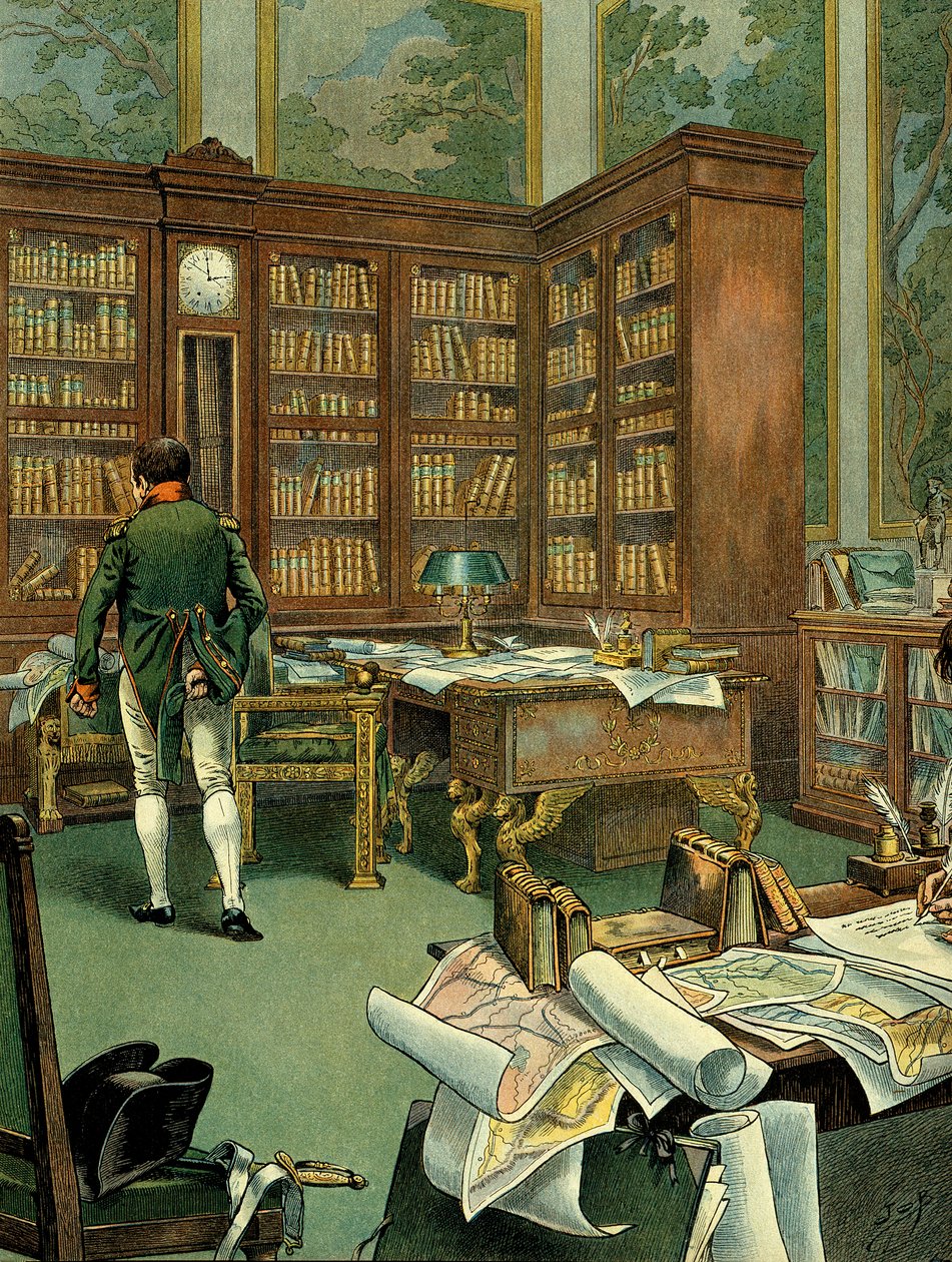 Werkkabinet van Napoleon I Bonaparte op de eerste verdieping van het Palais des Tuileries terwijl hij Eerste Consul was. Bureau met bibliotheek en klok gebouwd in hout. Illustratie door Jacques Marie Gaston Onfray de Breville, bekend als JOB. Privécollecti door pseudonym for Onfray de Breville Jacques Job