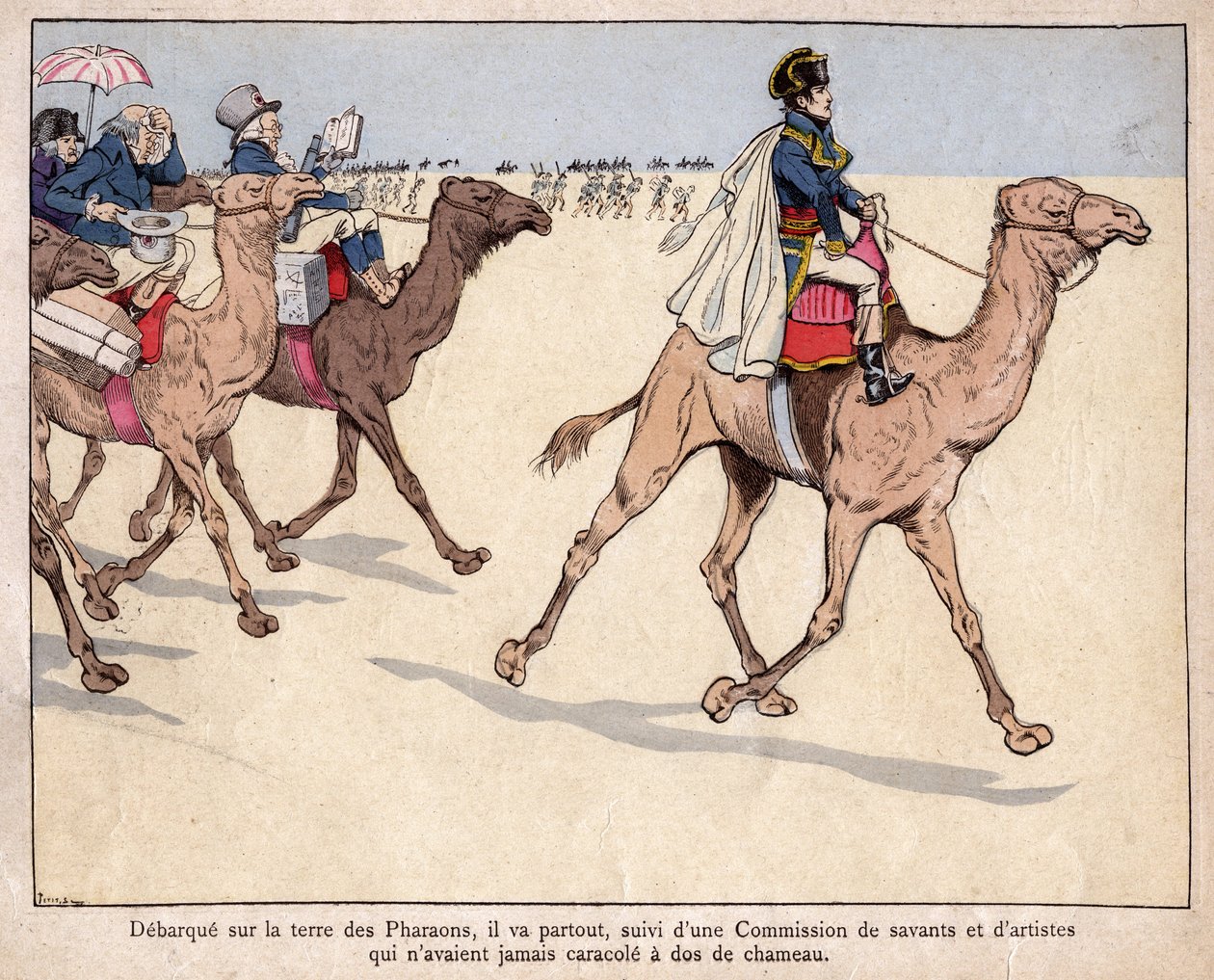 Napoleon in Egypte - Tijdens zijn Egyptische campagne wordt hij vergezeld door geleerden met wie hij de archeologische vindplaatsen bezoekt - lithografie door Job door pseudonym for Onfray de Breville Job