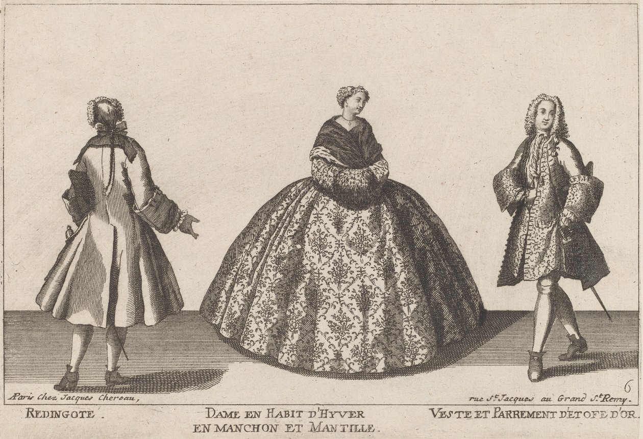Redingote/Dame in Winterkleding met Manchet/Vest en Goudstof Afwerking door published by Jacques Chéreau