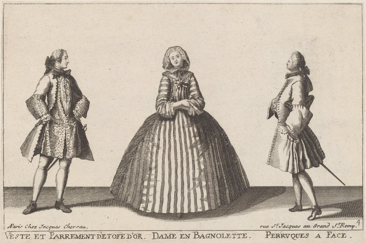 Veste en Parrement van Gouden Stof/Dame in Bagnolette/Pruiken met Gezicht door published by Jacques Chéreau