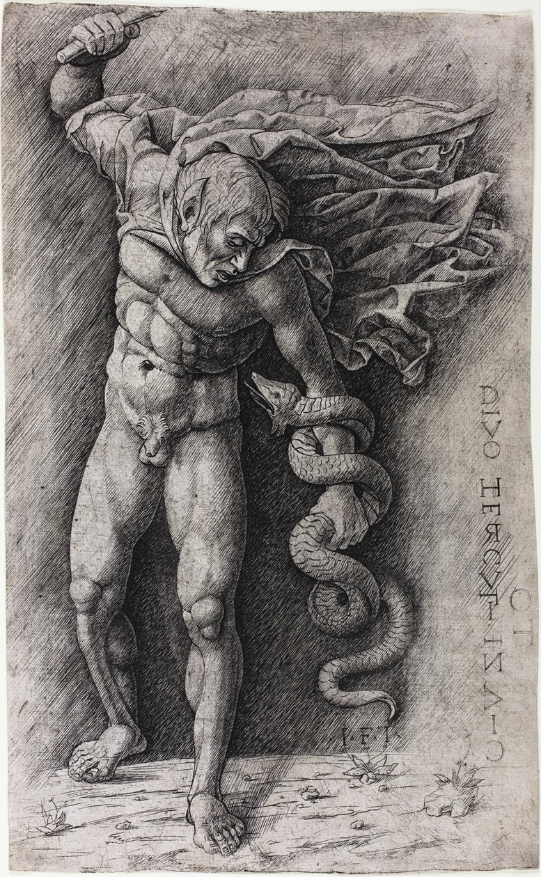 Faun die een Slang Aanvalt door school of Andrea Mantegna