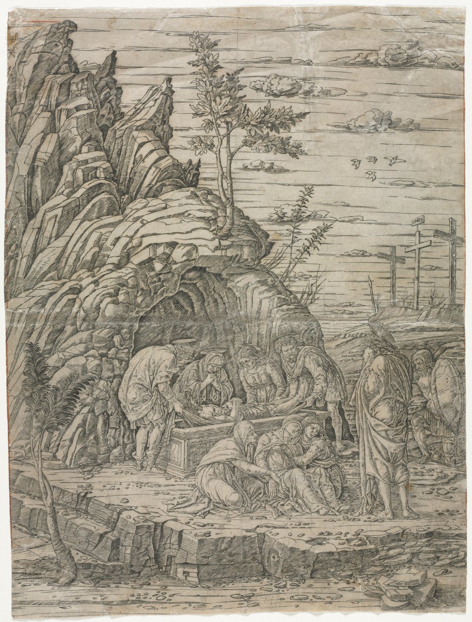 De graflegging met de vier vogels door school of Andrea Mantegna