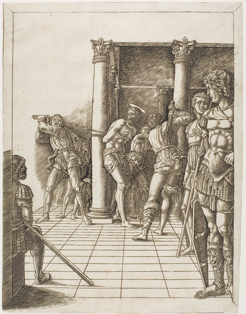 De geseling van Christus, met de vloer door school of Andrea Mantegna