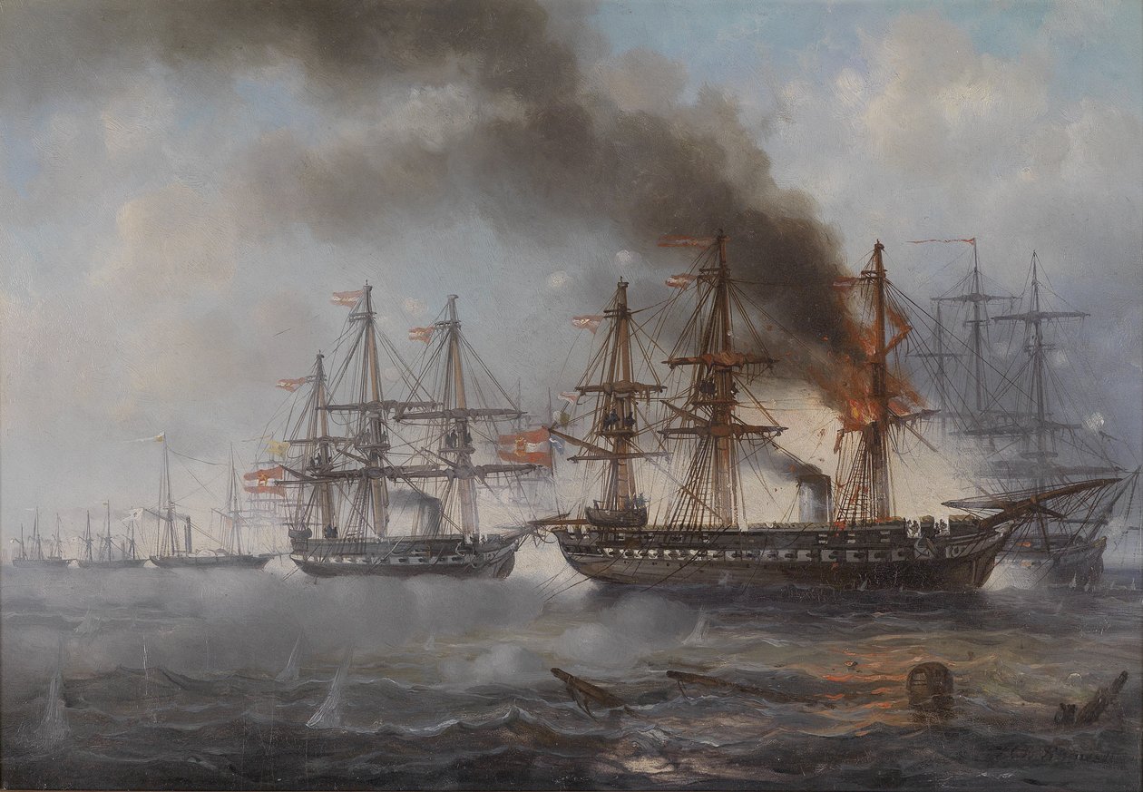 De zeeslag bij Helgoland 1864 (de brandende Oostenrijkse fregat Schwarzenberg, daarachter de fregat Radetzky) door Josef Karl Berthold Puttner