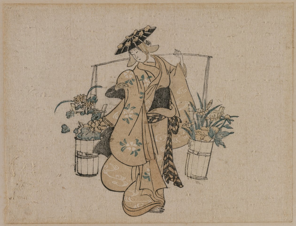 Een schoonheid die twee emmers bloemen draagt door style of Torii Kiyomasu