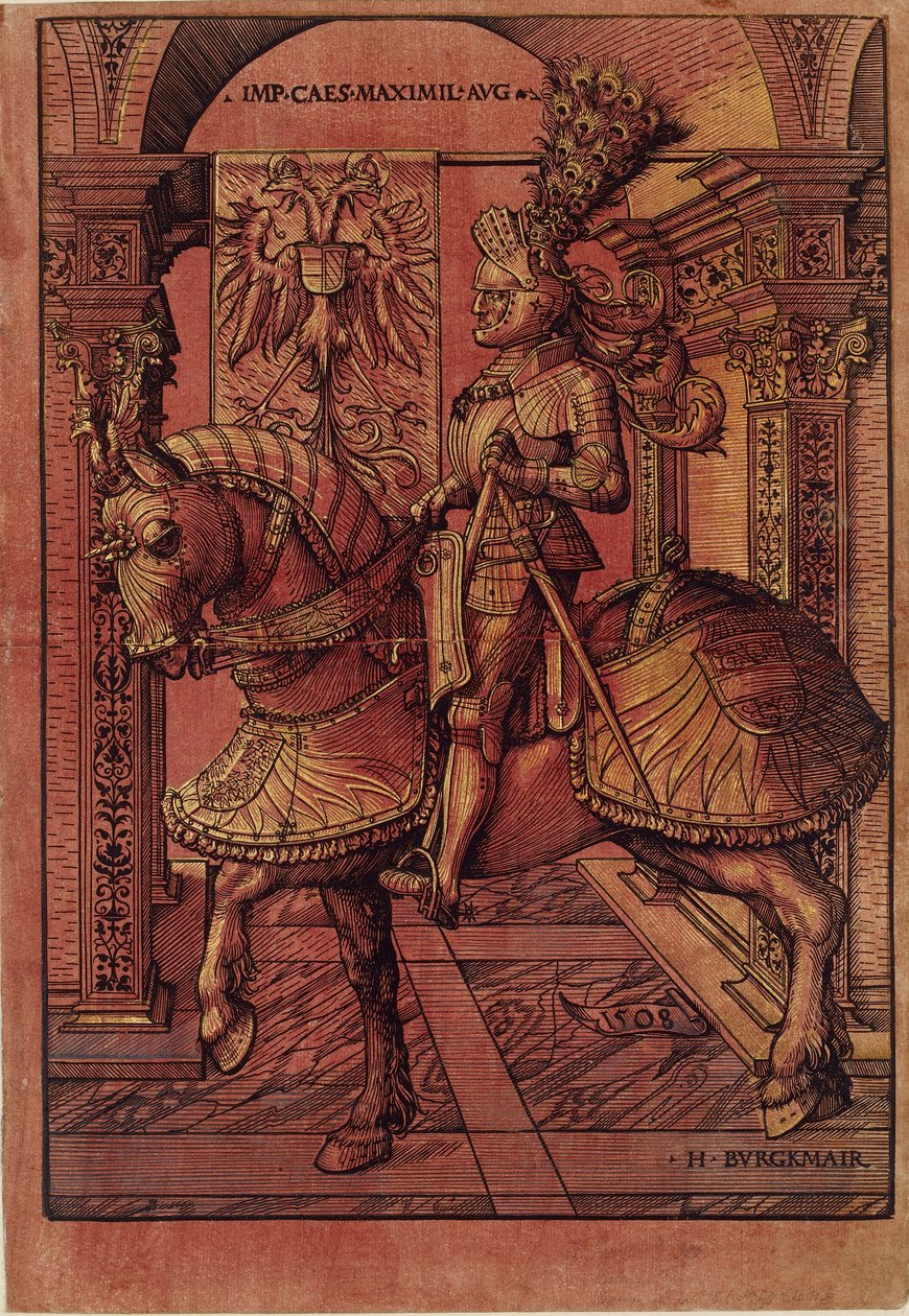 Keizer Maximiliaan I, gewapend te paard door the Elder Hans Burgkmair