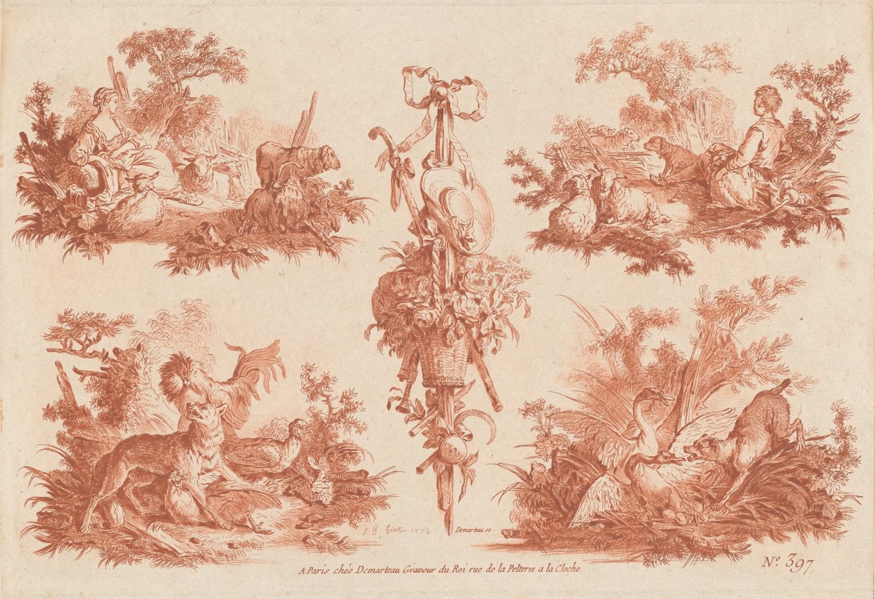 Twee Pastorale Vignetten, Twee Jachtvignetten en een Trofee door the Elder and Jean Baptiste Hüet Gilles Demarteau