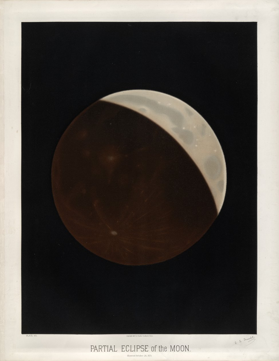 Gedeeltelijke maansverduistering. Geobserveerd op 24 oktober 1874. (Plaat VII van The Trouvelot Astronomical Drawings 1881) door Étienne Léopold Trouvelot