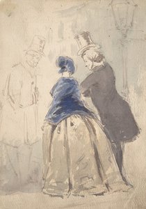 Straatscène uit Vanity Fair, met Amelia, George Osborne en Dobbin, 1800-1819 door Jerry Barret
