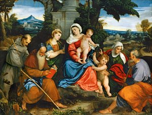 De Heilige Familie met de heiligen Franciscus, Antonius, Magdalena, Johannes de Doper en Elizabeth ...