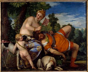 Aphrodite en Adonis. Adonis, figuur uit de Griekse mythologie, houdt van Aphrodite door Veronese
