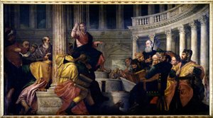 Jezus spreekt met de dokters. Schilderij door Paolo Veronese (1528-1588)