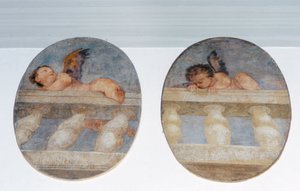 Twee gevleugelde putti die over een balustrade klimmen, rondellen uit de sacristie (fresco) door Veronese