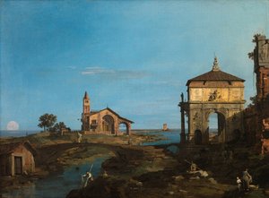 Een eiland in de lagune met een poort en een kerk