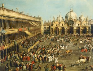 Stierengevecht of stierenjacht op Piazza San Marco door Canaletto